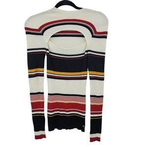 Vtg 90s Guess Womens White Striped Ribbed Knit Sweater Sz M Peekaboo Cutout
